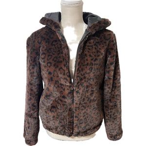 New! Lush Nine West Leopard Print Faux Fur Hooded Bomber Style Jacket Size Small